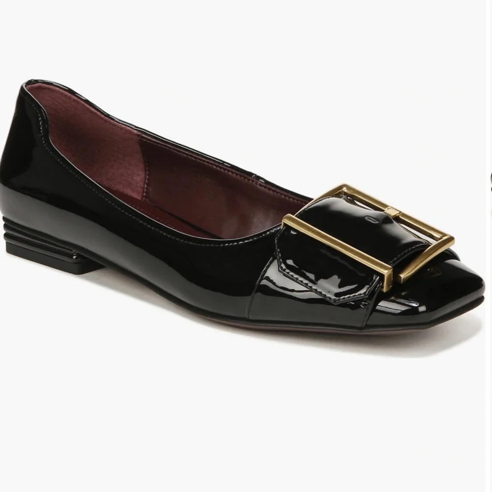 Franco Sarto Black Patent Loafers with Gold Buckle
